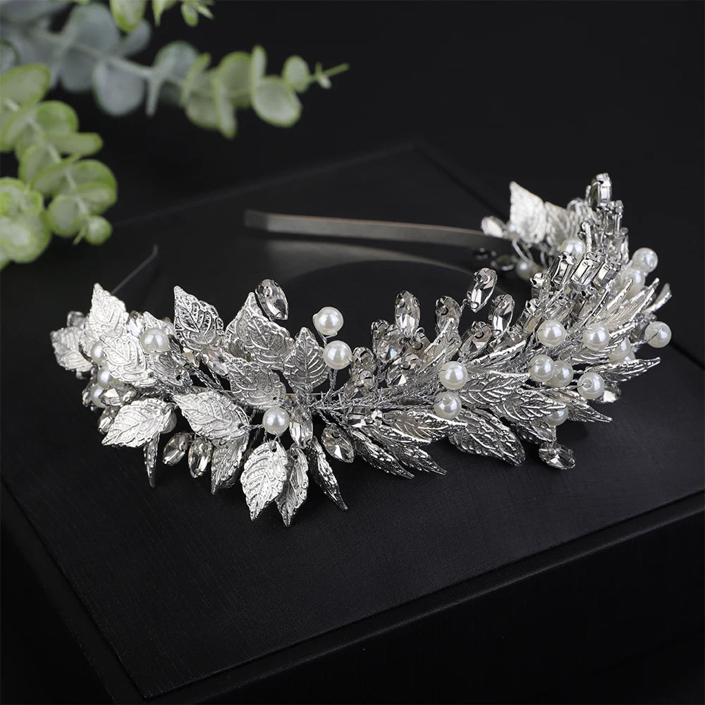 Trendy Pearl Rhinestoen Diamonds Green Bridal Crown Handamde Leaves