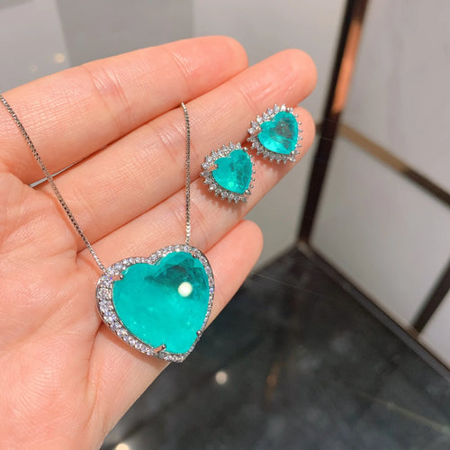 Luxury Paraiba Heart Necklace Earring Brand Set Wedding Dinner Party