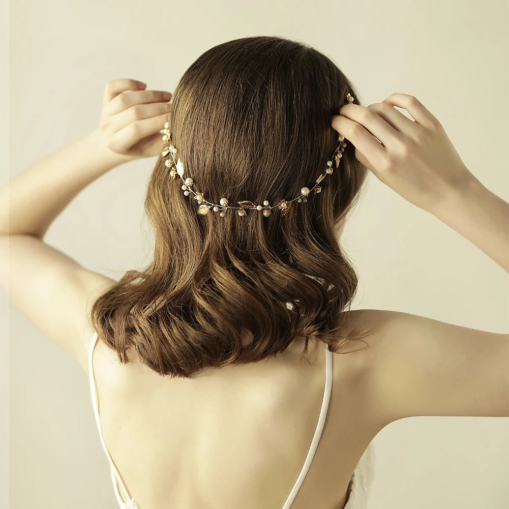 O811 Handmade Delicate Wedding Bridal Headband with Copper Leaves and Pearls