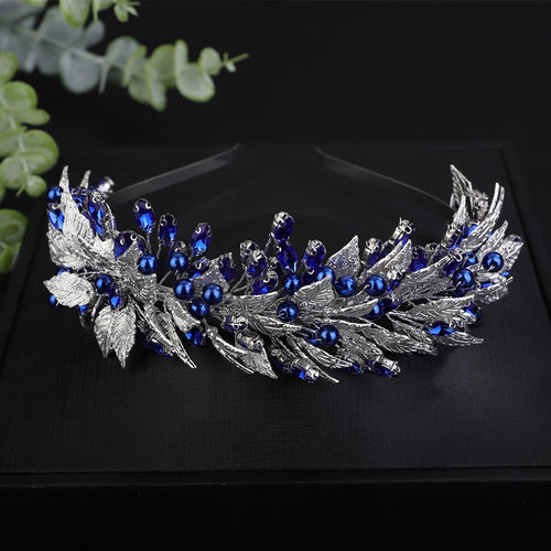 Trendy Pearl Rhinestoen Diamonds Green Bridal Crown Handamde Leaves