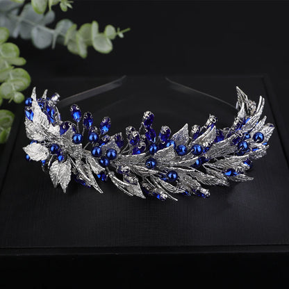 Trendy Pearl Rhinestoen Diamonds Green Bridal Crown Handamde Leaves