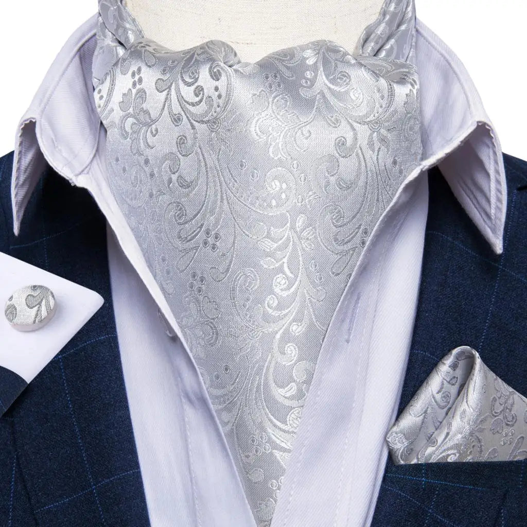 Men Luxury Silver Paisley Silk Ascot Tie Set Wedding Party Cravat