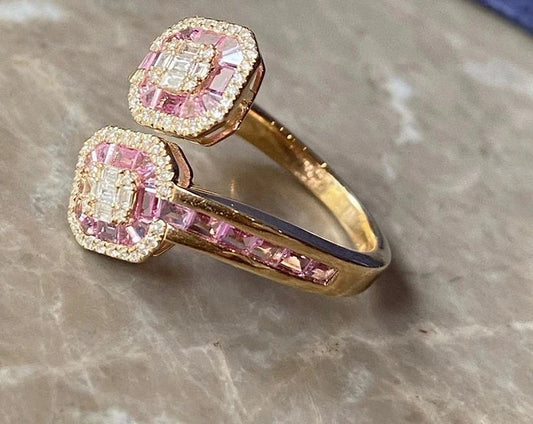 100% 18K Solid Yellow Gold Natrual Pink Sappires Real Diamond