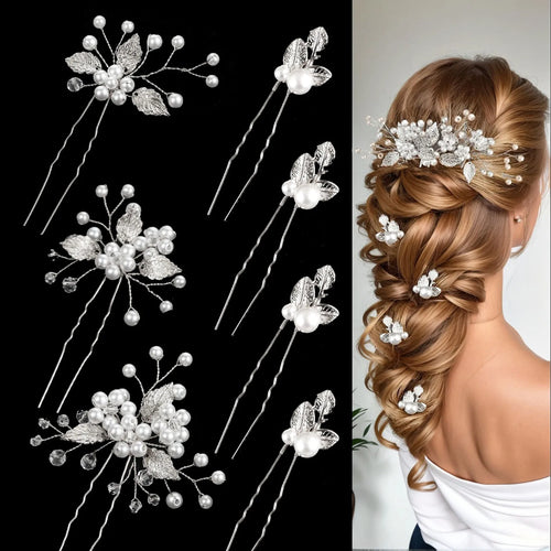 Pearl Flower Hairpin Side Comb Golden Leaf Shaped Alloy Tiaras Wedding