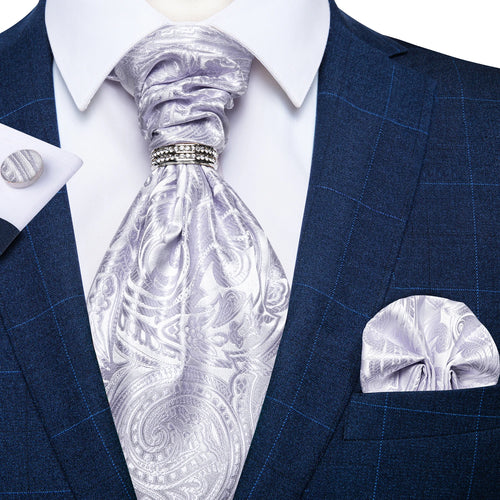 Men Luxury Silver Paisley Silk Ascot Tie Set Wedding Party Cravat