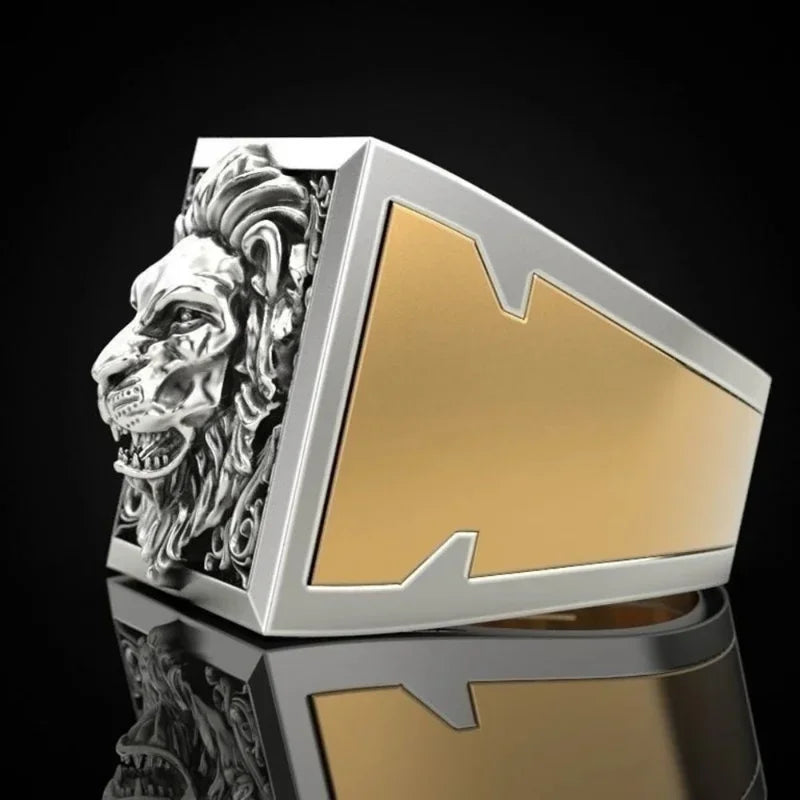 Innovative Punk-Inspired Men's Ring Featuring a Bold Lion Head Design