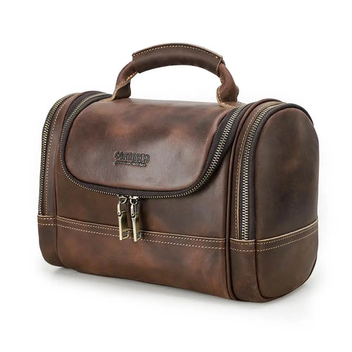 Genuine Leather Travel Toiletry Shaving Bag, Retro Style, Ideal for Men and Women