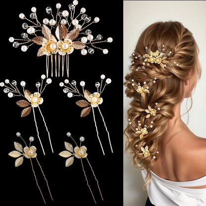 5-Piece Set of Bridal Hair Clips with Golden Flowers and Pearl Hair Forks for Women