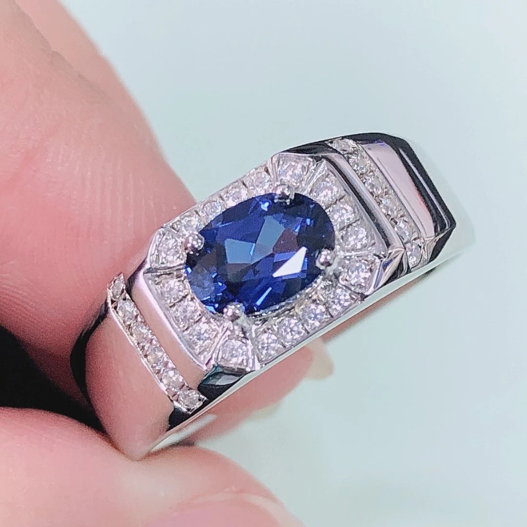 Men's 14K Fine Jewelry Ring Featuring 1Ct Oval Cut Blue Sapphire Diamond