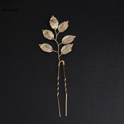 Pearl Flower Hairpin Side Comb Golden Leaf Shaped Alloy Tiaras Wedding