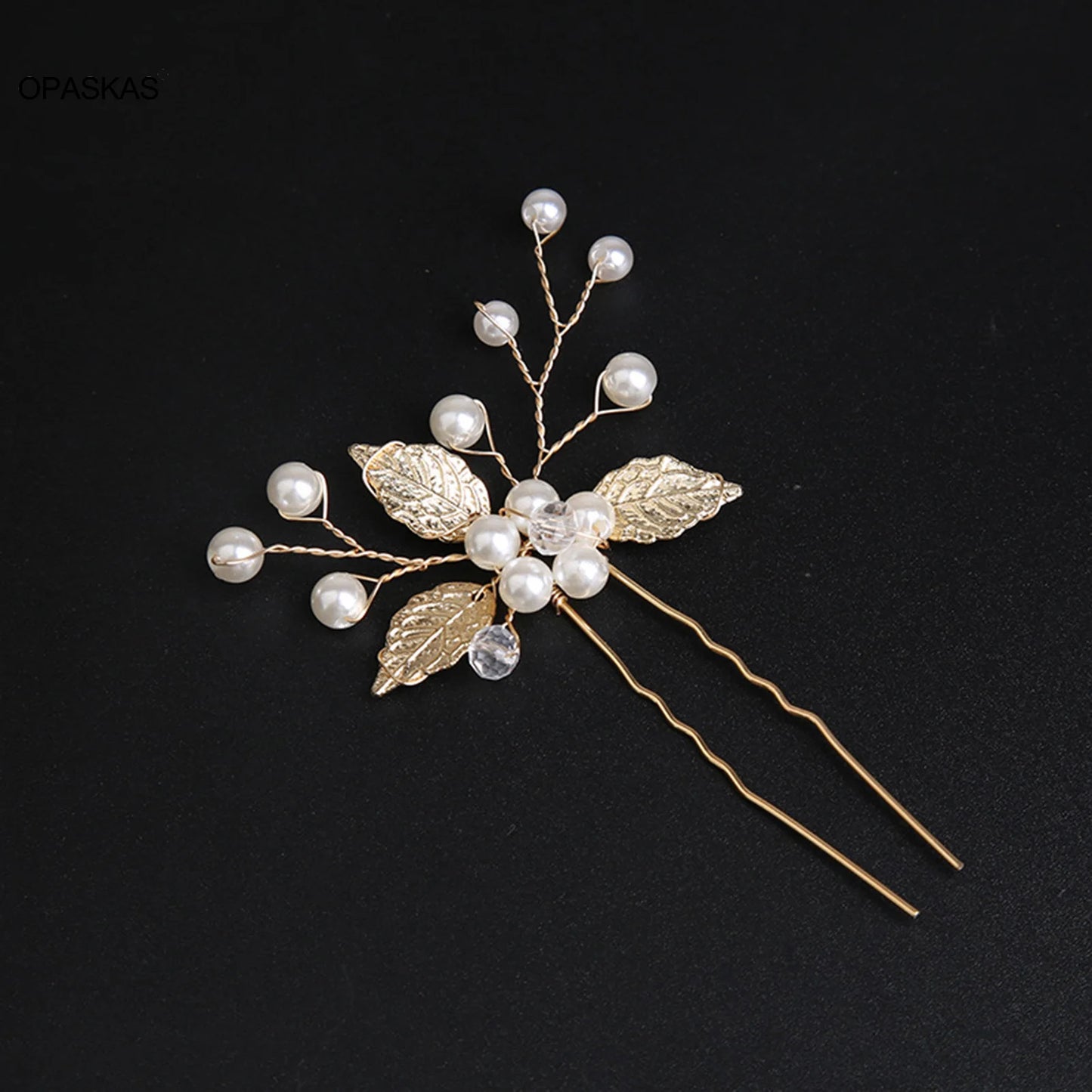 Pearl Flower Hairpin Side Comb Golden Leaf Shaped Alloy Tiaras Wedding