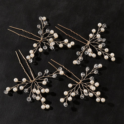 Pearl Flower Hairpin Side Comb Golden Leaf Shaped Alloy Tiaras Wedding