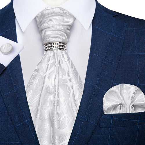 Men Luxury Silver Paisley Silk Ascot Tie Set Wedding Party Cravat