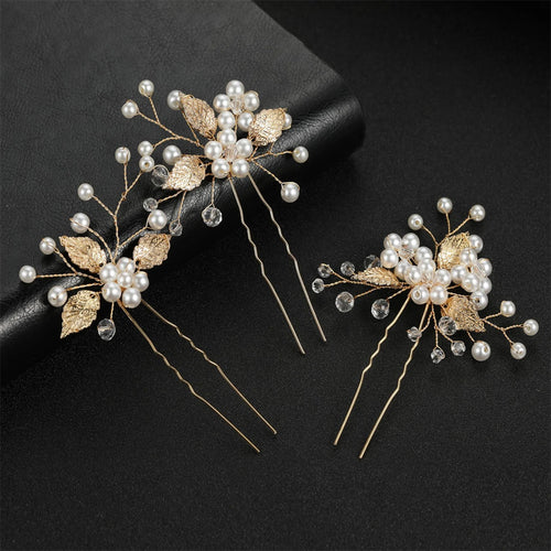 Pearl Flower Hairpin Side Comb Golden Leaf Shaped Alloy Tiaras Wedding