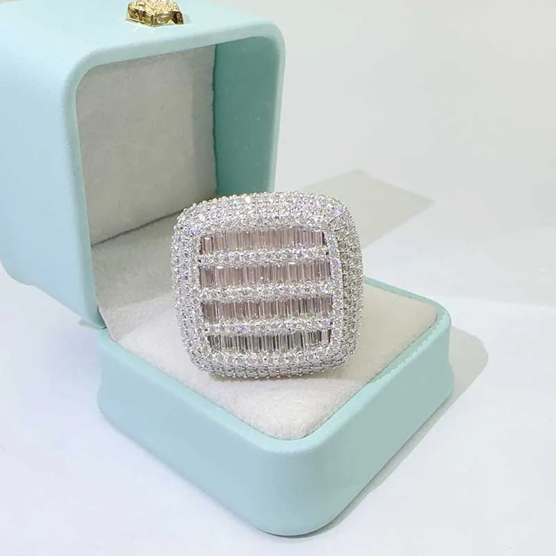 Hip-Hop Style Iced Out D VVS Square Moissanite Ring, Unisex 925 Sterling Silver Wedding Band