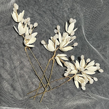 Pearl Flower Hairpin Side Comb Golden Leaf Shaped Alloy Tiaras Wedding