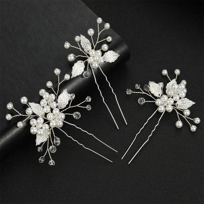 Pearl Flower Hairpin Side Comb Golden Leaf Shaped Alloy Tiaras Wedding