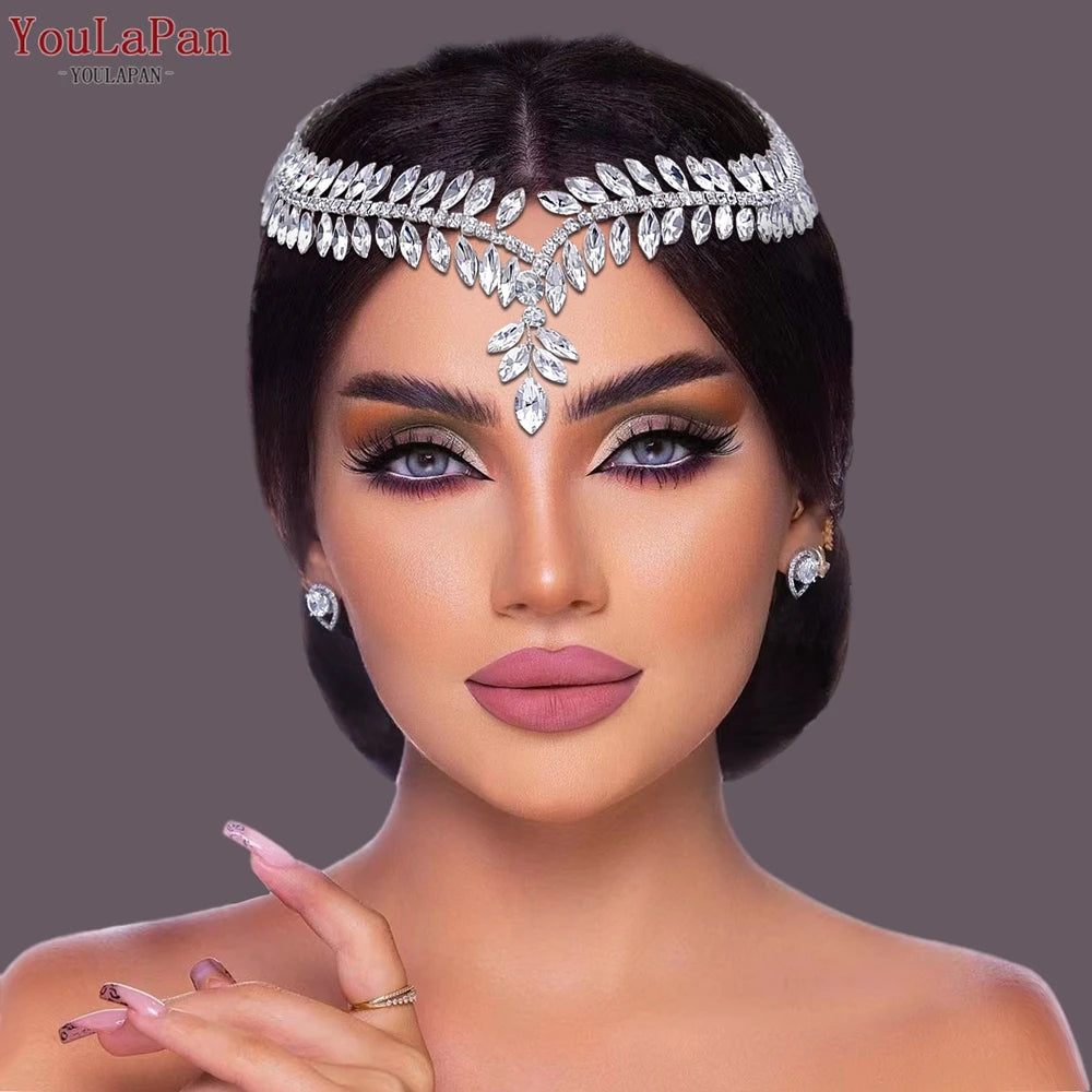 YouLaPan Crystal Forehead Headband for Women Brides Headpiece Party