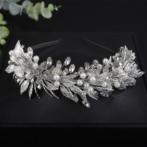 Trendy Pearl Rhinestoen Diamonds Green Bridal Crown Handamde Leaves