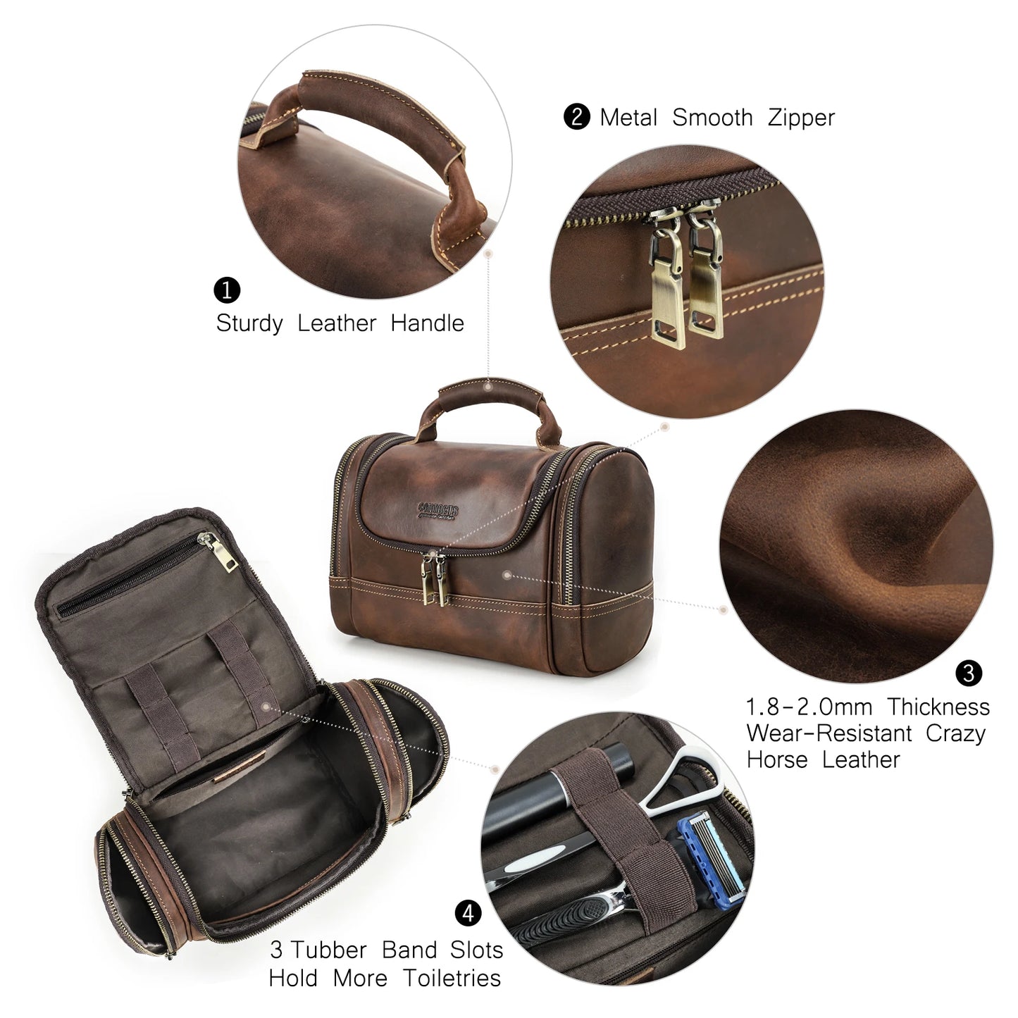 Genuine Leather Travel Toiletry Shaving Bag, Retro Style, Ideal for Men and Women