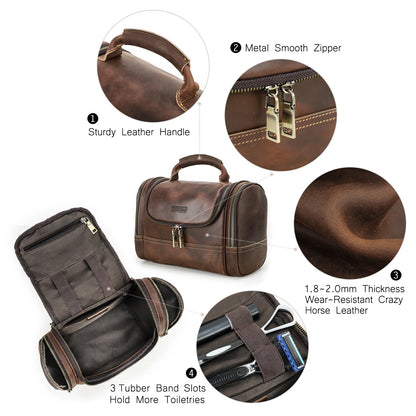 Genuine Leather Travel Toiletry Shaving Bag, Retro Style, Ideal for Men and Women