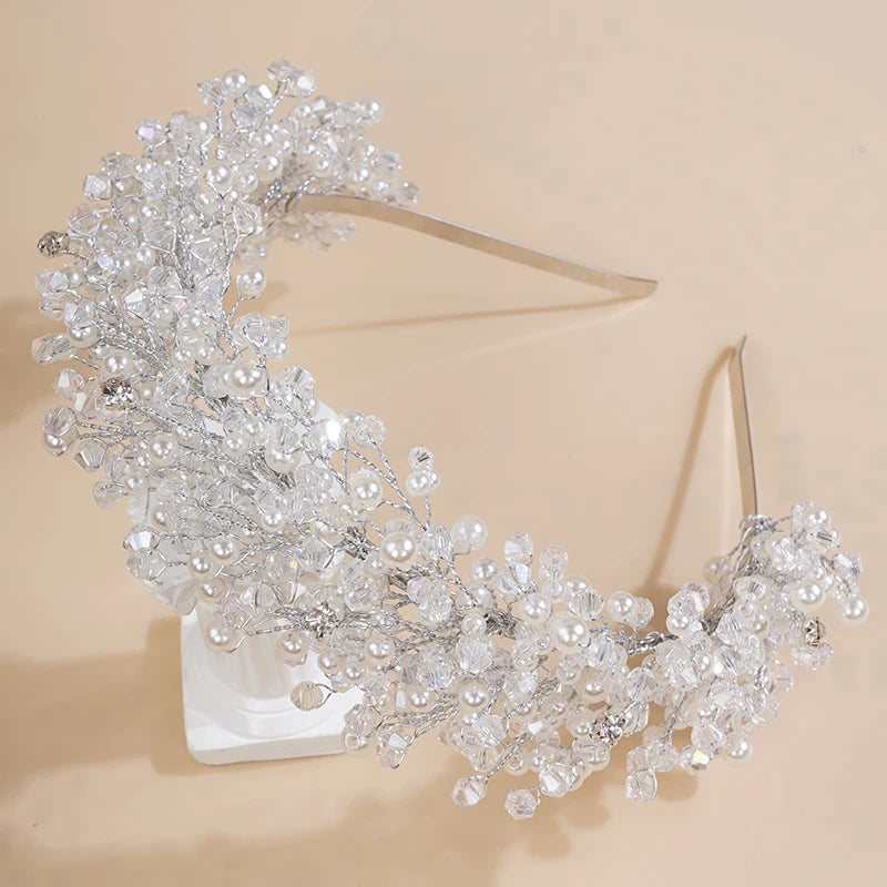 Luxury Pearl Crystal Bridal Crown Headpieces Handmade Party Wedding