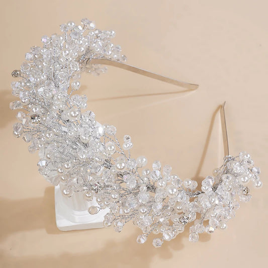 Luxury Pearl Crystal Bridal Crown Headpieces Handmade Party Wedding