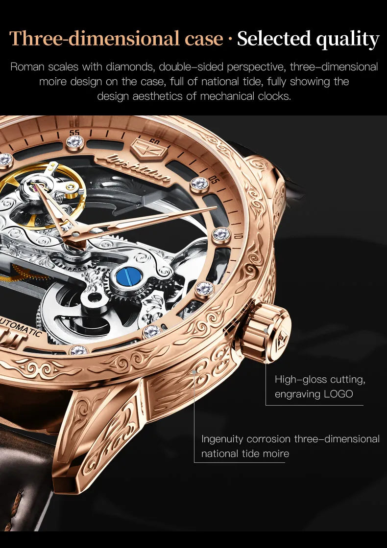 Men Mechanical Watch Automatic Movement 50M Waterproof Leather Strap