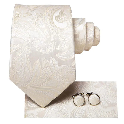 Hi-Tie Champagne Beige Floral Solid Design Silk Wedding Tie For Men