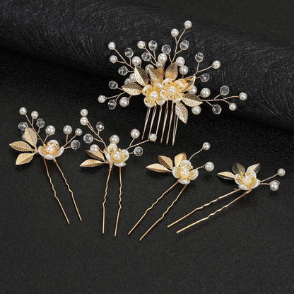 5-Piece Set of Bridal Hair Clips with Golden Flowers and Pearl Hair Forks for Women