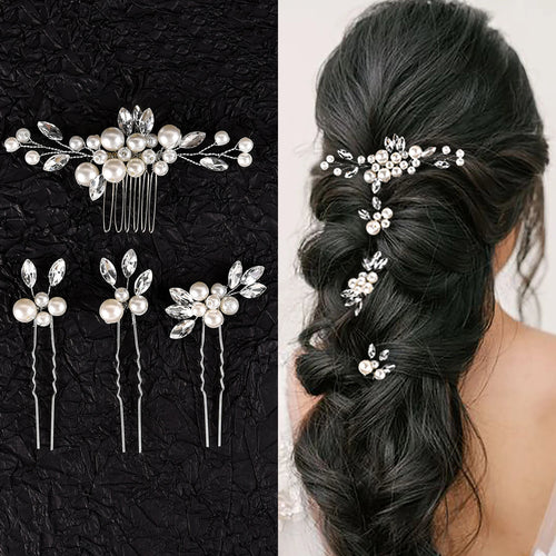 Pearl Flower Hairpin Side Comb Golden Leaf Shaped Alloy Tiaras Wedding