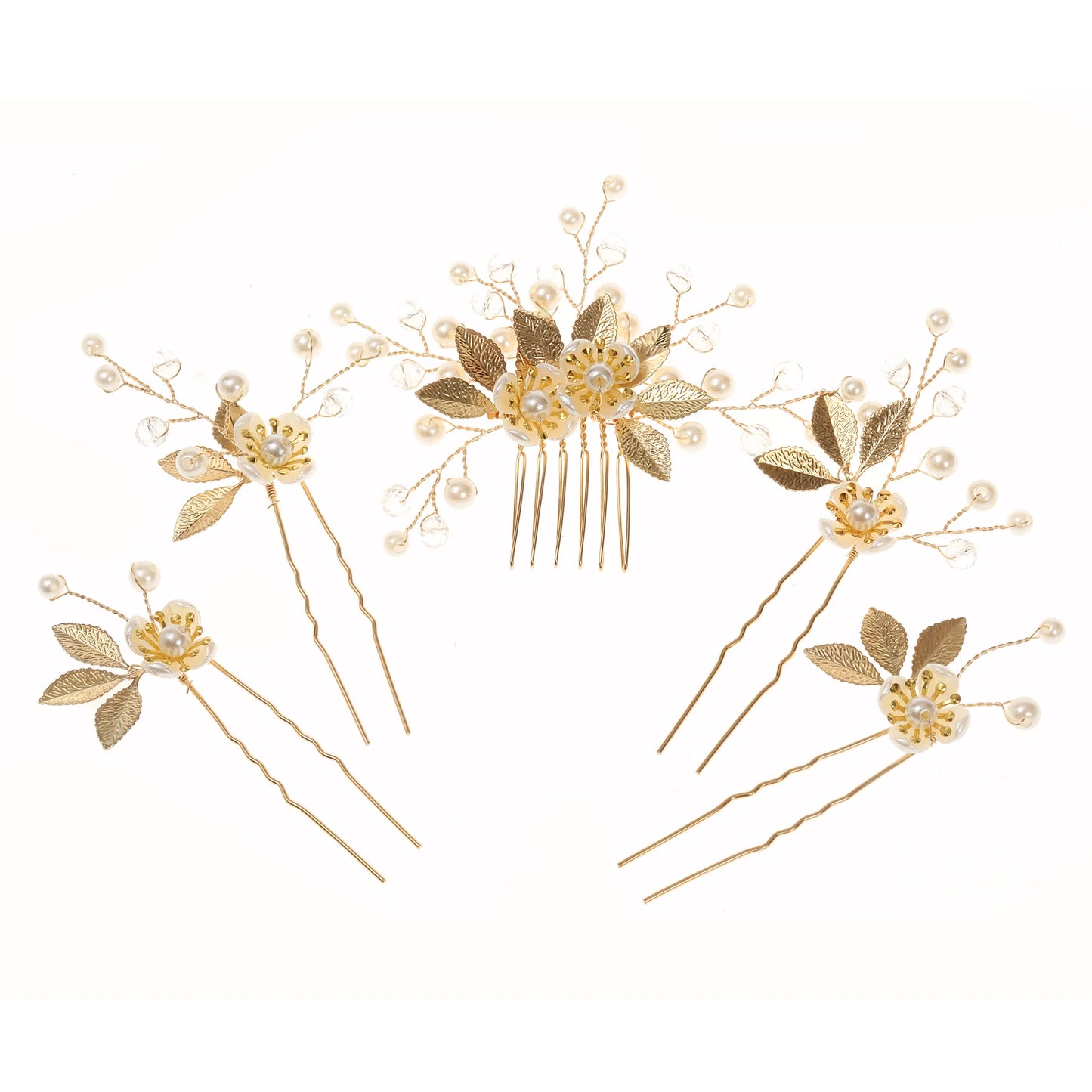 5-Piece Set of Bridal Hair Clips with Golden Flowers and Pearl Hair Forks for Women