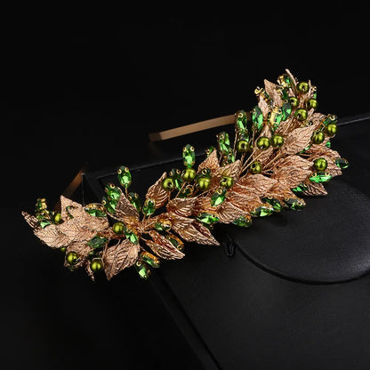 Trendy Pearl Rhinestoen Diamonds Green Bridal Crown Handamde Leaves