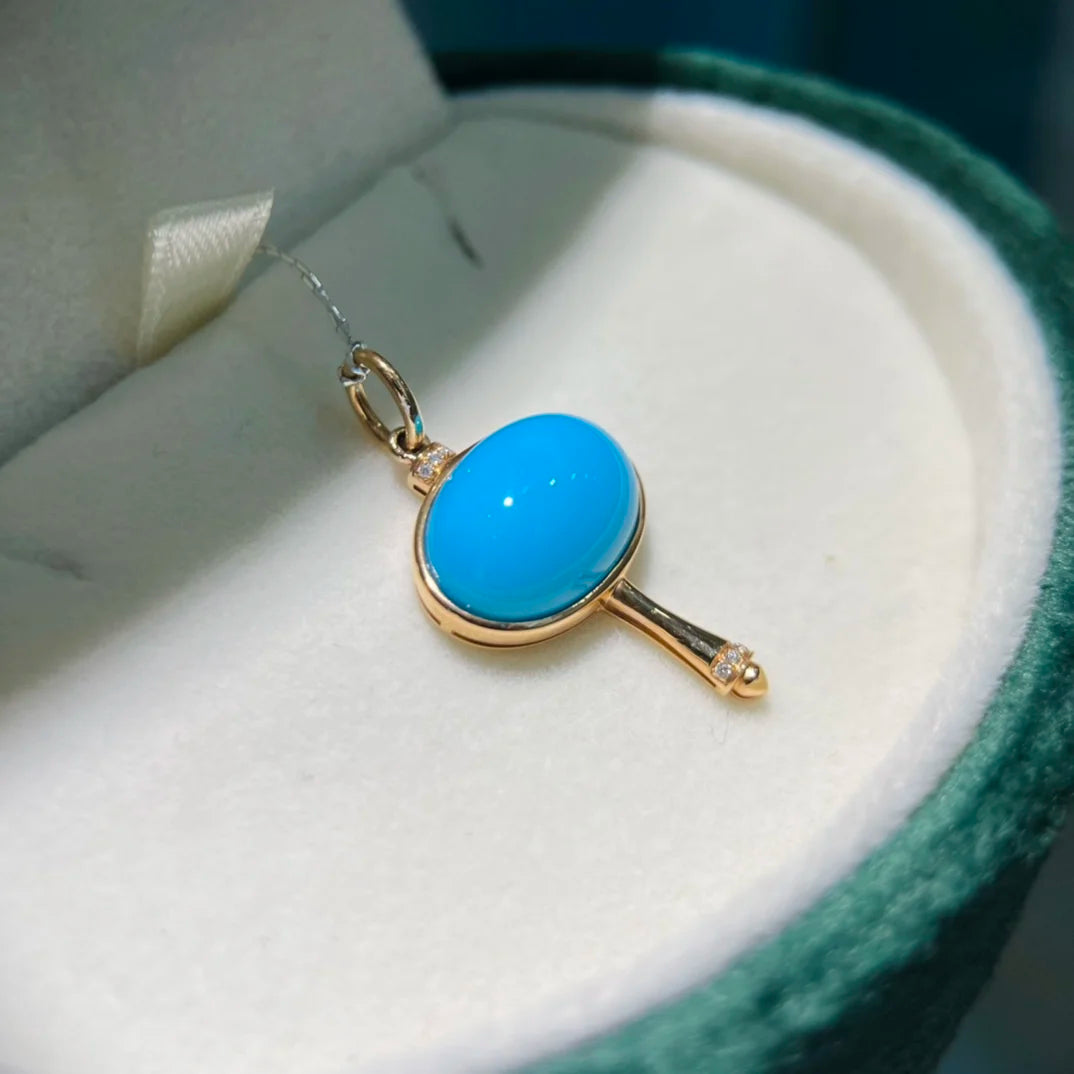 HJY2024 Turquoise Pendant Solid 18K Gold Diamonds 2.63g Blue Turquoise