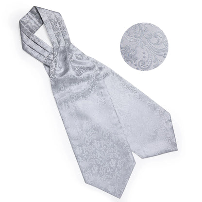 Men Luxury Silver Paisley Silk Ascot Tie Set Wedding Party Cravat