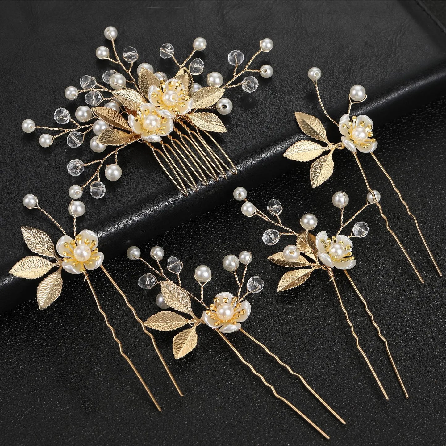 5-Piece Set of Bridal Hair Clips with Golden Flowers and Pearl Hair Forks for Women