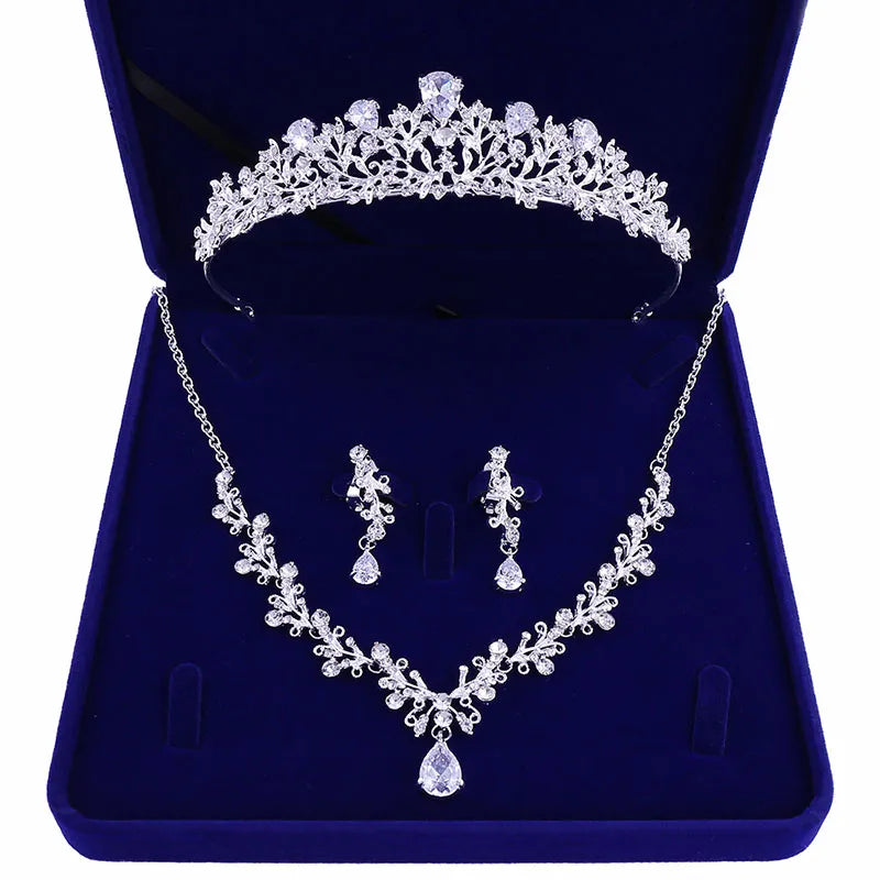 Bridal Four-Piece Headwear Set: Crown, Necklace, and Earrings