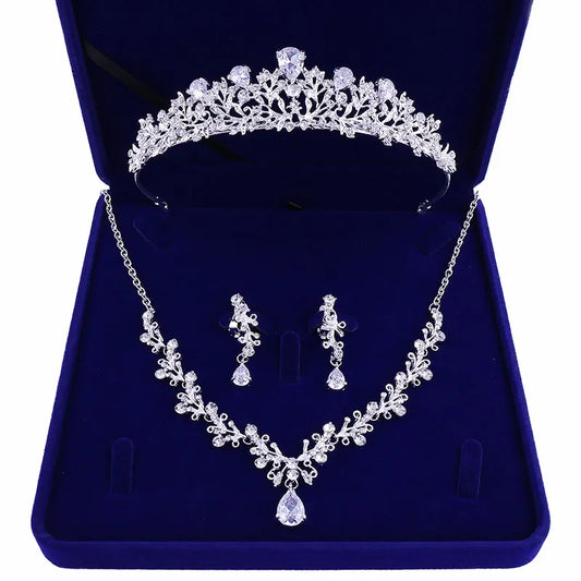 Bridal Four-Piece Headwear Set: Crown, Necklace, and Earrings