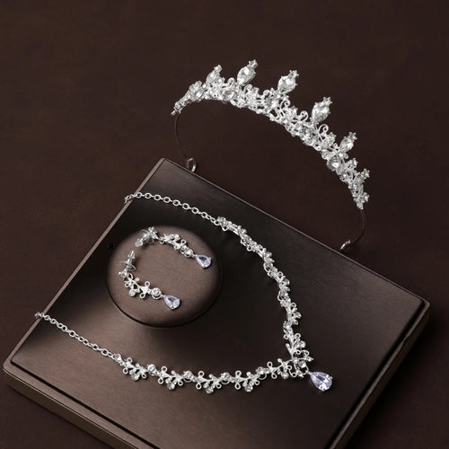 Bridal Four-Piece Headwear Set: Crown, Necklace, and Earrings