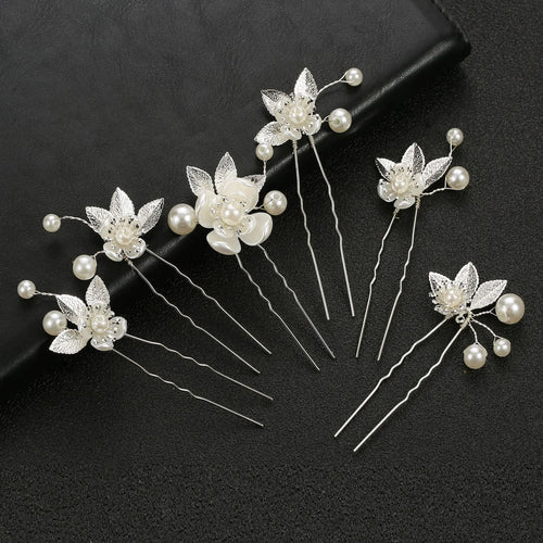 Pearl Flower Hairpin Side Comb Golden Leaf Shaped Alloy Tiaras Wedding