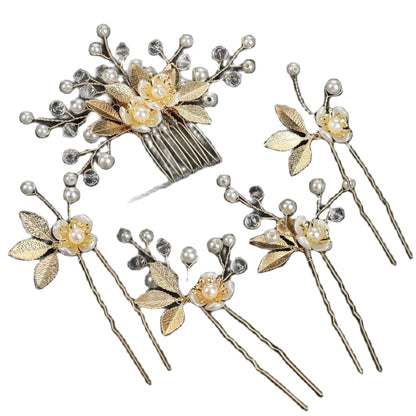 5-Piece Set of Bridal Hair Clips with Golden Flowers and Pearl Hair Forks for Women