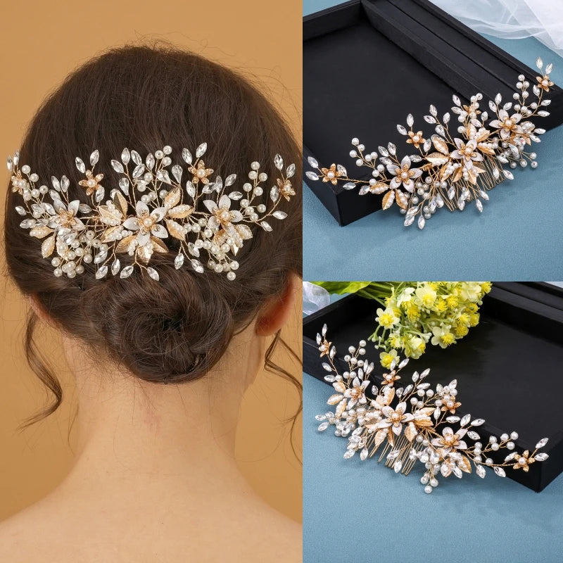 Handmade Silver Color Flower Hair Comb Pearl Rhinestone Flower Hair