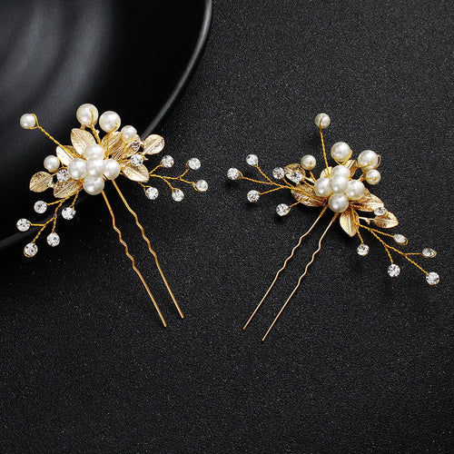 Pearl Flower Hairpin Side Comb Golden Leaf Shaped Alloy Tiaras Wedding