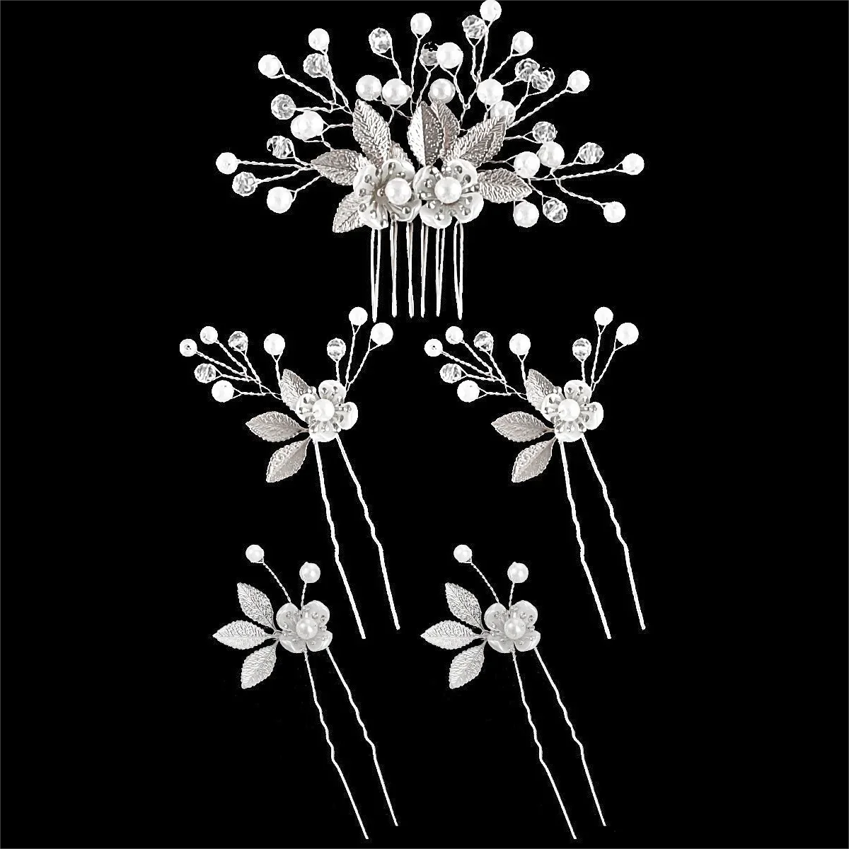 5-Piece Set of Bridal Hair Clips with Golden Flowers and Pearl Hair Forks for Women