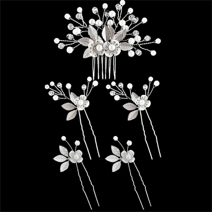 5-Piece Set of Bridal Hair Clips with Golden Flowers and Pearl Hair Forks for Women