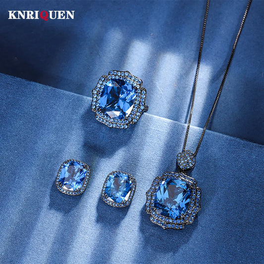 New Retro Sapphire Gemstone Necklace Pendant Ring Earrings Wedding