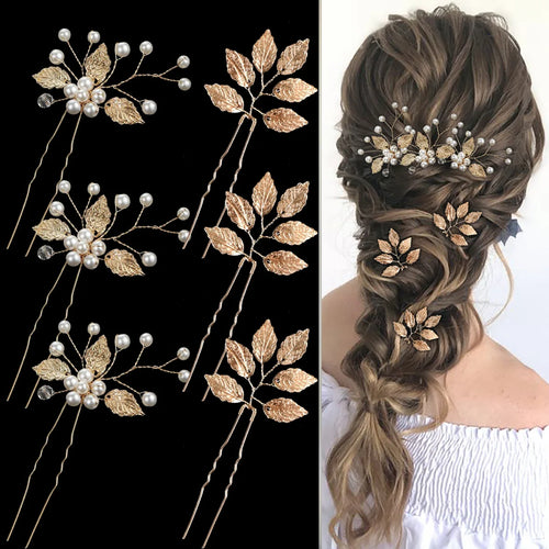 Pearl Flower Hairpin Side Comb Golden Leaf Shaped Alloy Tiaras Wedding