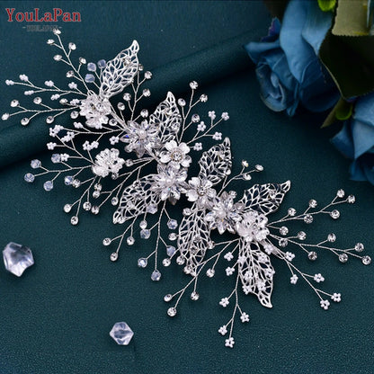 YouLaPan HP254 Alloy Flower Bridal Hair Clips Rhinestone Side Hairpin