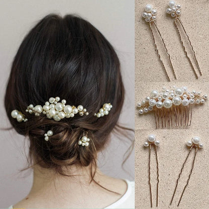 Pearl Flower Hairpin Side Comb Golden Leaf Shaped Alloy Tiaras Wedding