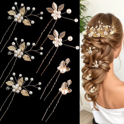 Pearl Flower Hairpin Side Comb Golden Leaf Shaped Alloy Tiaras Wedding